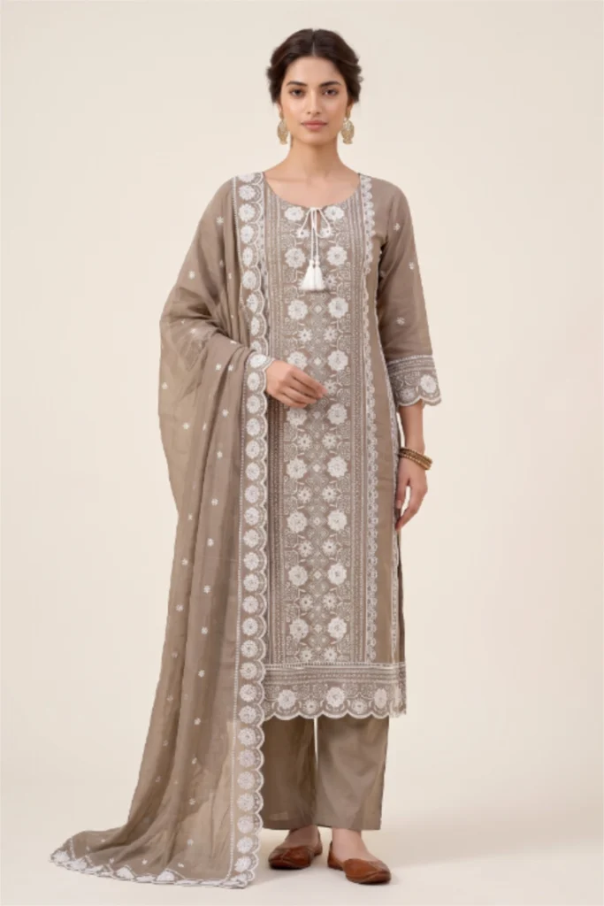 Stunning Beige Rayon Embroidered Suit Set 3 Piece Set