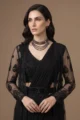 Black Embellished Pre-Draped Saree with Jacket: 3 Piece Set - Image 2