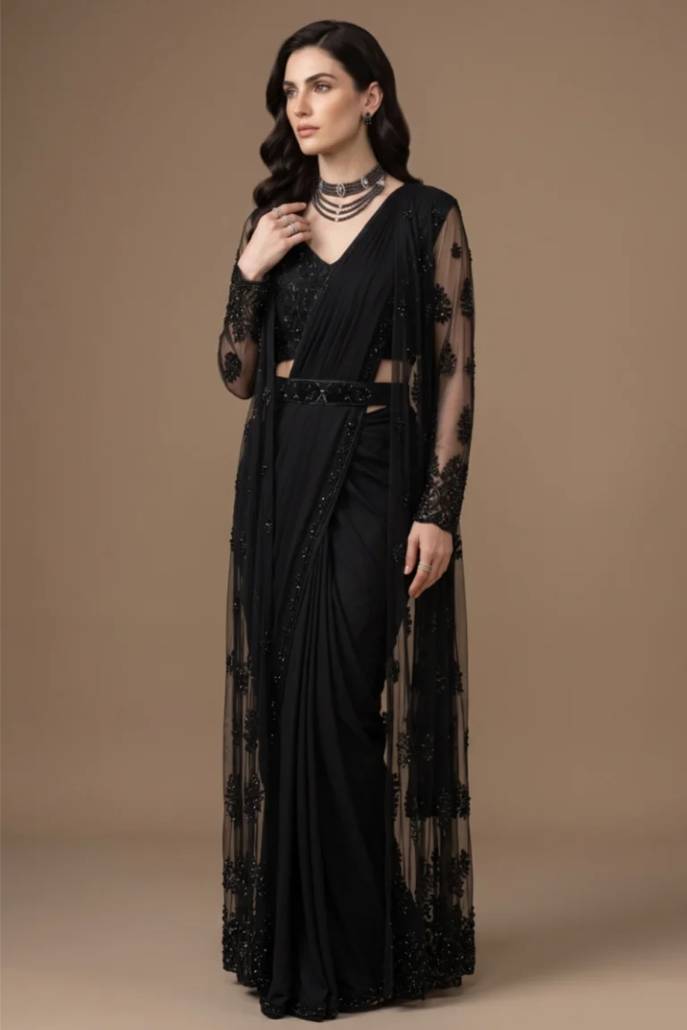 Black Embellished Pre-Draped Saree with Jacket