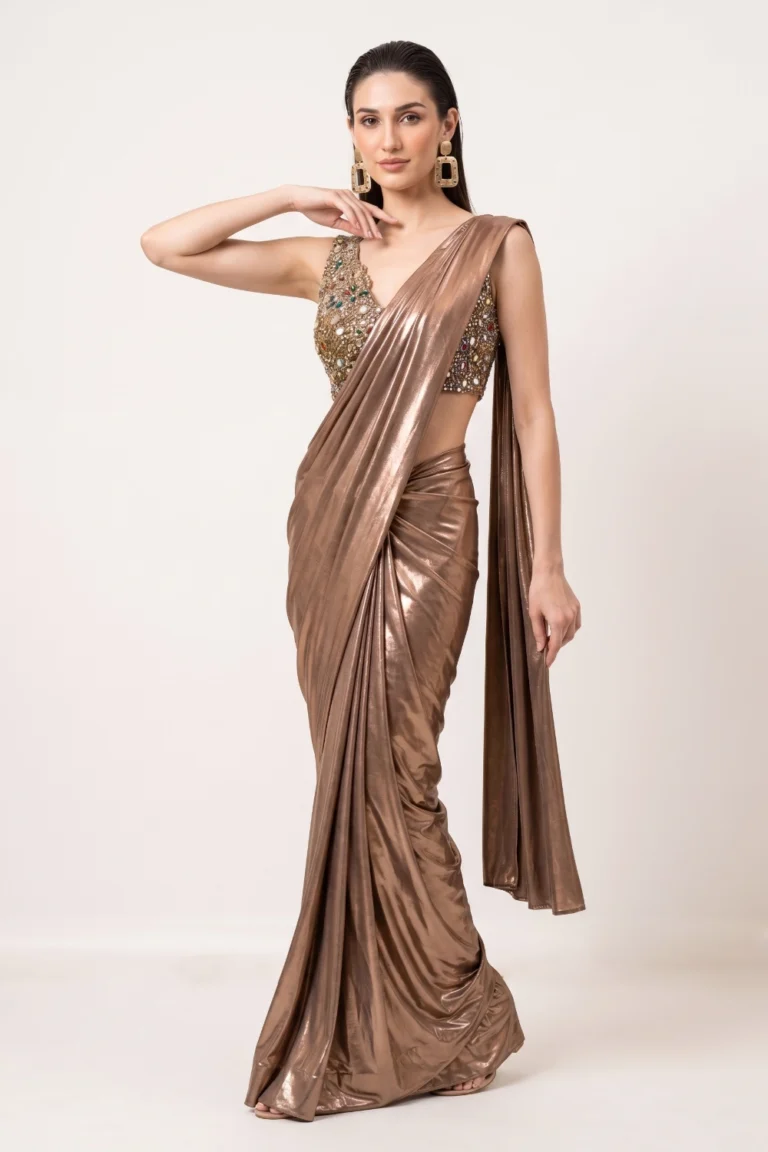 Bronze Embellished Pre-Draped Saree Set