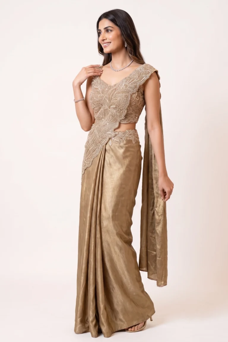 Brown Satin Embellished Pre-Draped Saree