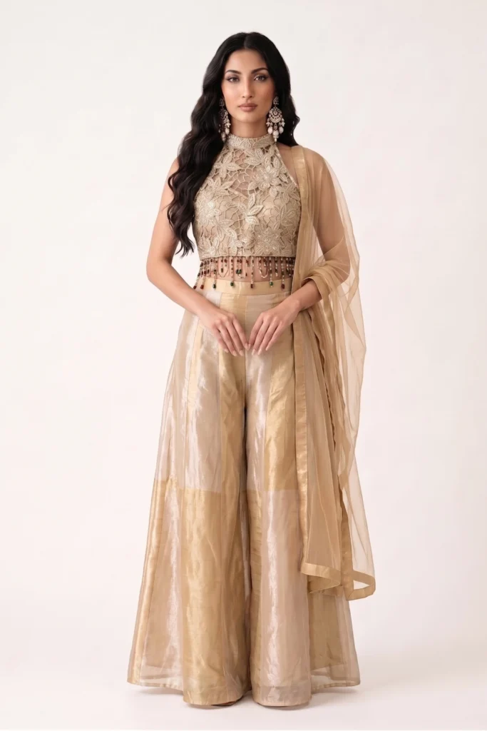 Gold Tissue Crop Top Palazzo Set