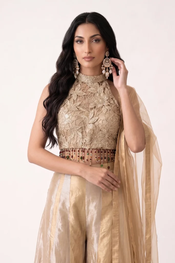 Gold Tissue Crop Top Palazzo Set