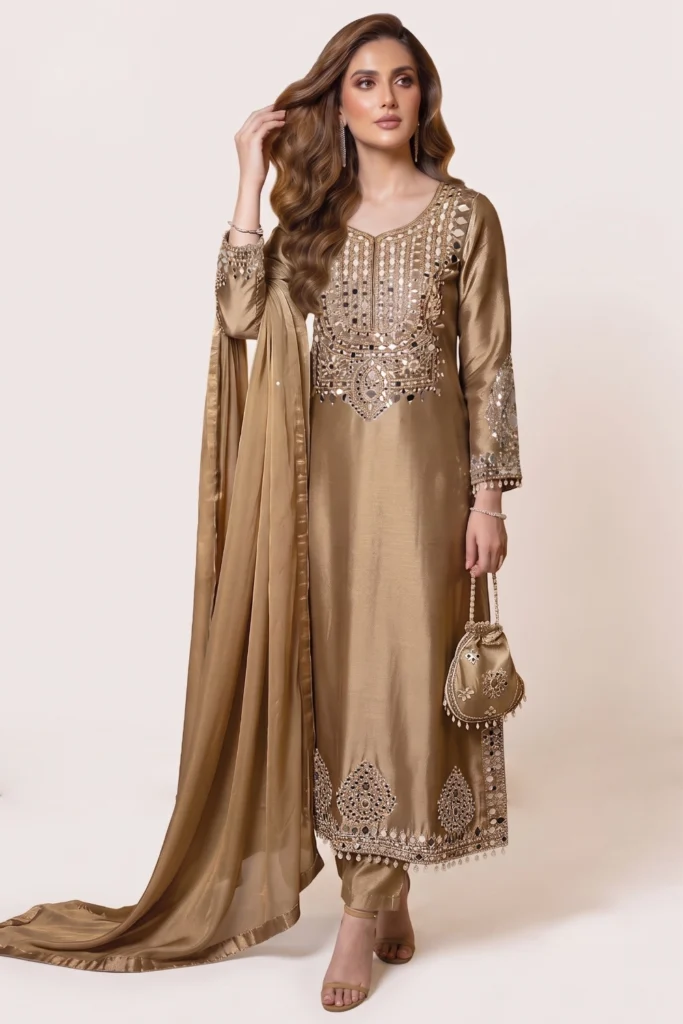 Gold Tissue Mirror Work Kurta Set