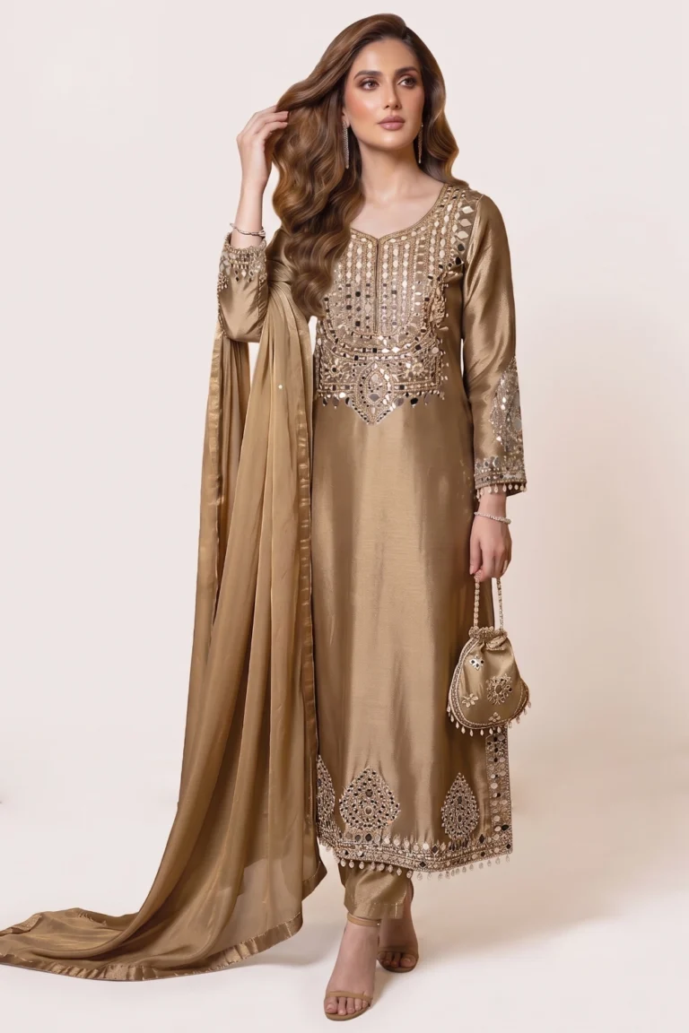 Gold Tissue Mirror Work Kurta Set