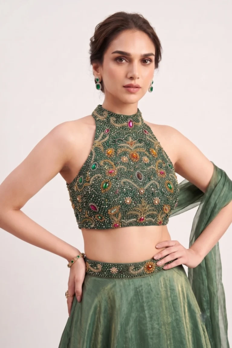 Green Halter Neck Tissue Lehenga Set