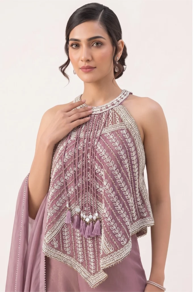 Mauve Embellished Shimmer Tissue Palazzo Set