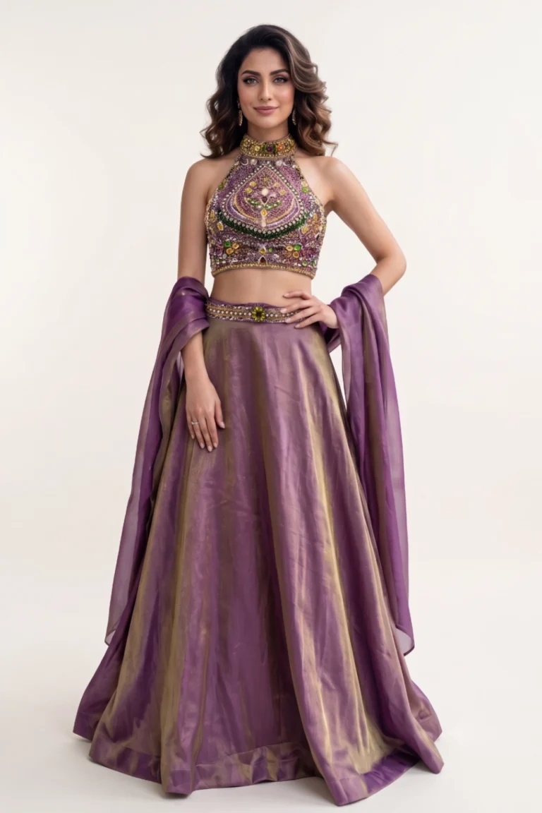 Purple Shimmer Tissue Halter Lehenga Set 