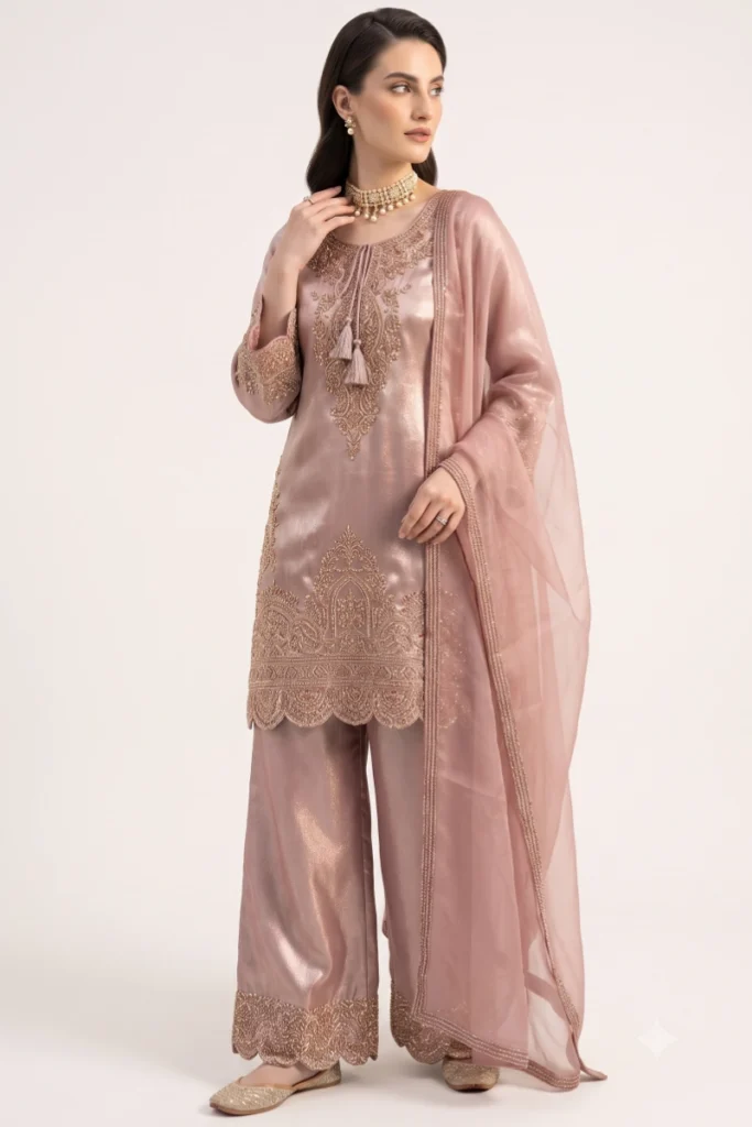 Rose Pink Embellished Kurta Palazzo Set