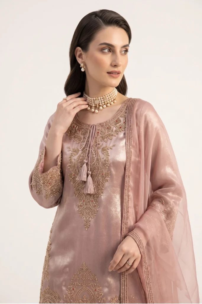 Close-up view of the dense handcrafted beadwork and cutdana work on the Rose Pink Embellished Kurta Palazzo Set