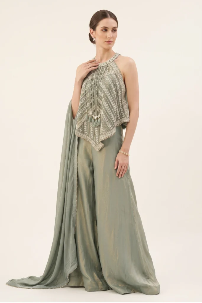 Sage Green Shimmer Tissue Palazzo Set