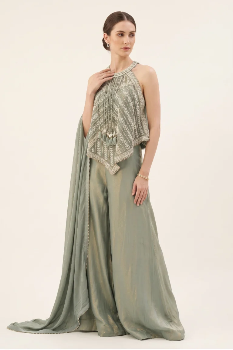 Sage Green Shimmer Tissue Palazzo Set