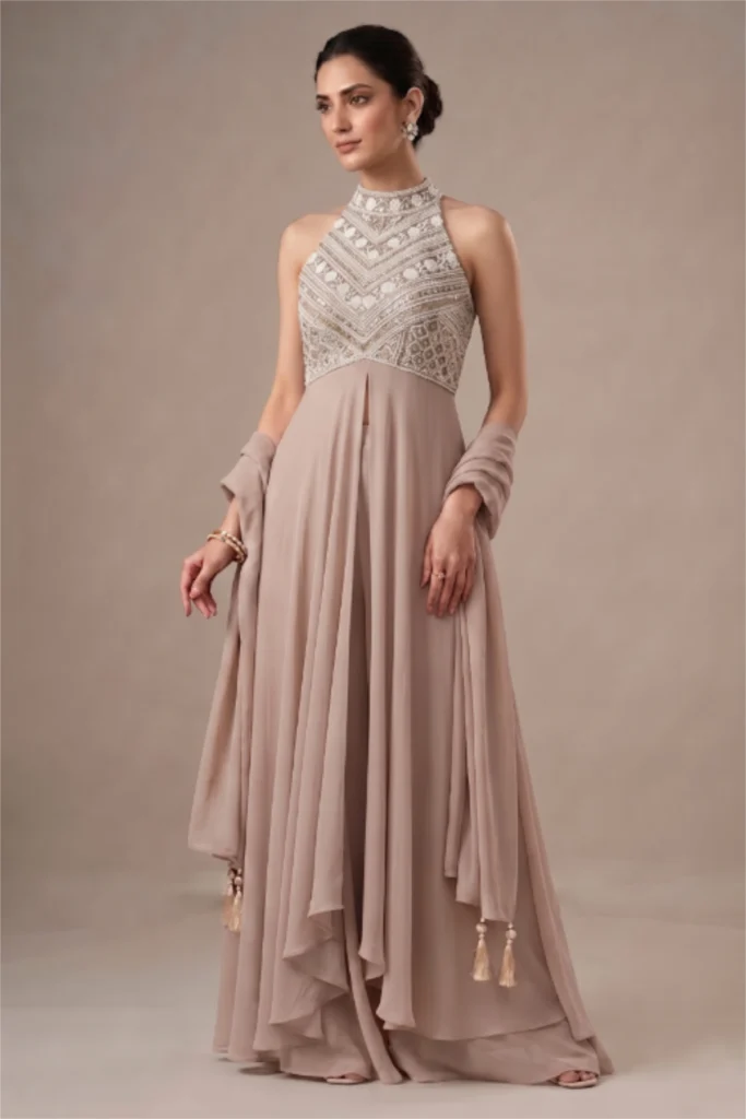 Taupe Georgette Anarkali Palazzo Set