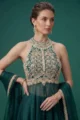 Close-up view of the intricate zari embroidered work and geometric paths on the halter neck bodice.
