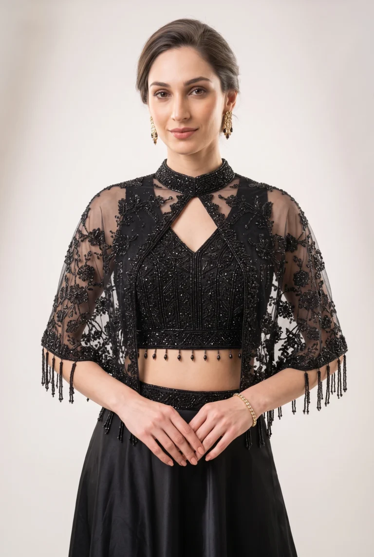 Close-up view of the dense handcrafted beadwork, glittering sequins, and keyhole neckline on the sheer net poncho cape.