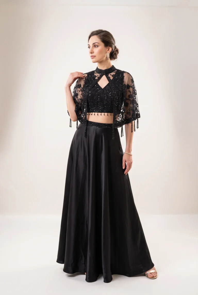 Sensational Black Jimmy Choo Lehenga Poncho Cape Set 1 Breathtaking Elite Luxury Cocktail Outfit