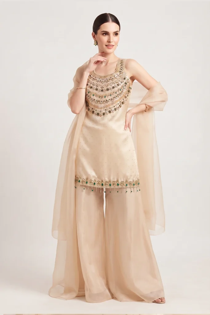Breathtaking Cream Silk Embellished Palazzo Set 1 Radiant Regal Wedding Guest Outfit