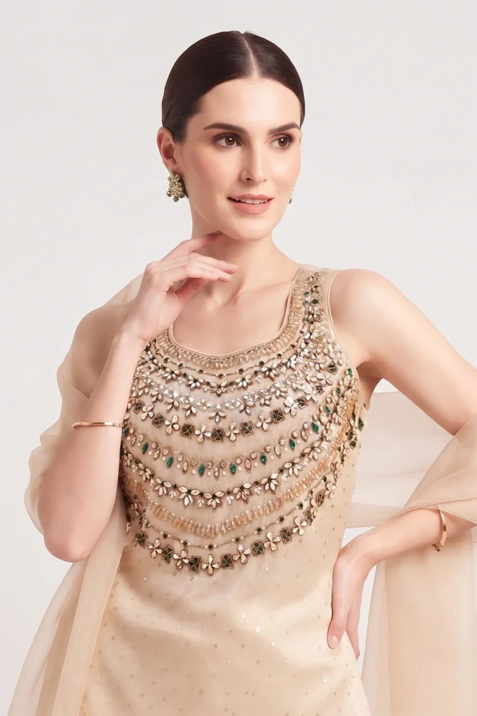 Close-up view of the dense multi-tiered golden beadwork and emerald green stone accents on the cream silk tunic.