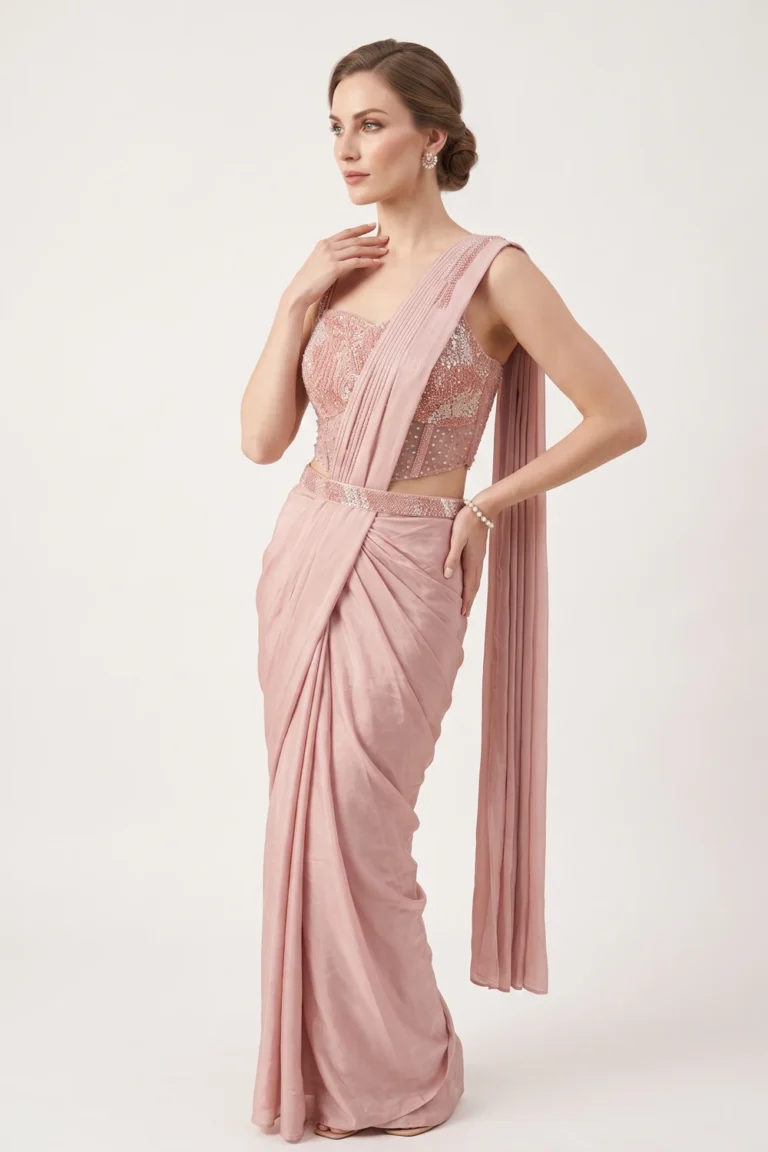 Magnificent Pink Crepe Corset Pre-Draped Saree 1 Breathtaking Elegant Luxury Sangeet Outfit