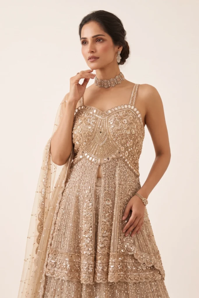 Beige Net Embellished Peplum Lehenga Set