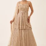 Beige Net Embellished Peplum Lehenga Set