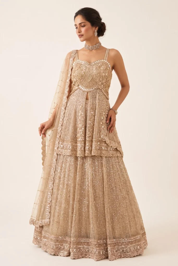Beige Net Embellished Peplum Lehenga Set