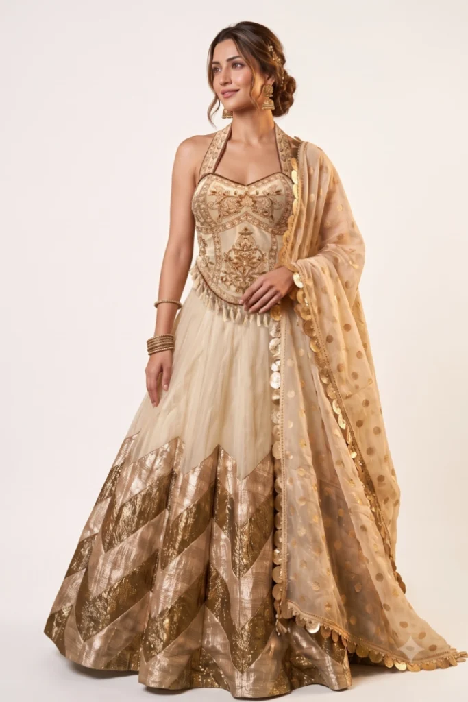 Beige Shimmer Tissue Embroidered Lehenga Set