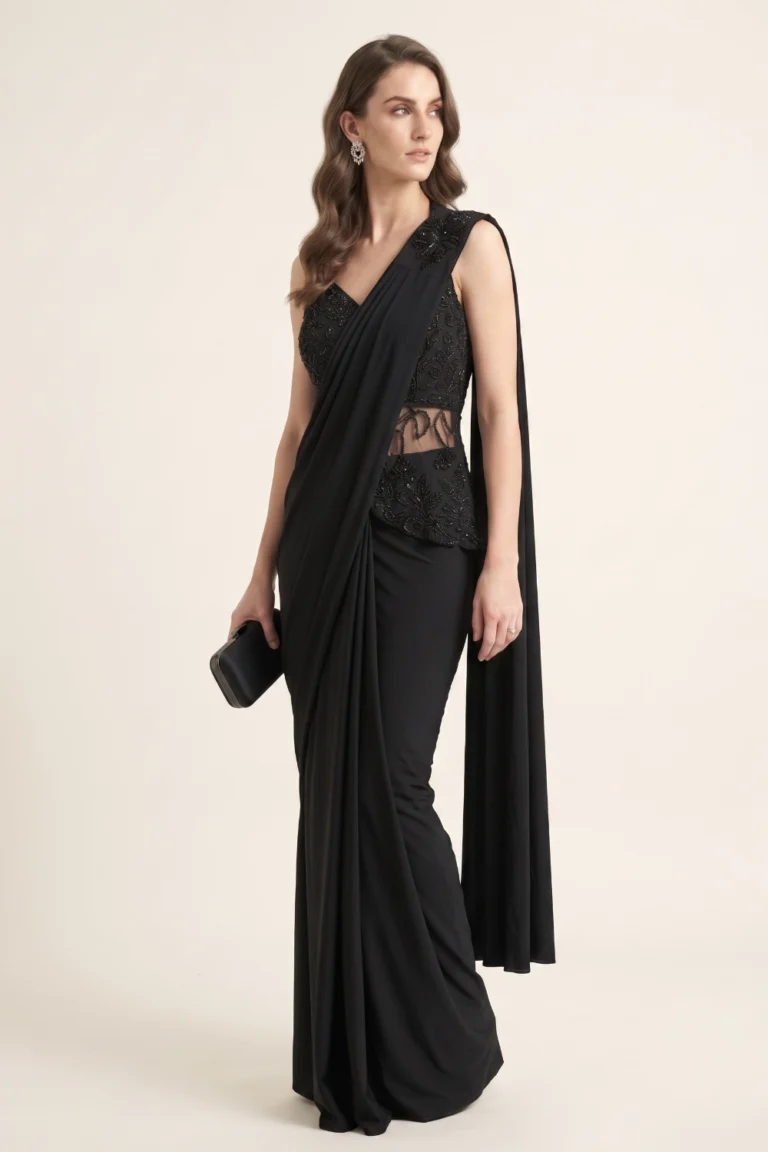 Black Lycra Embellished Pre-Draped Saree 