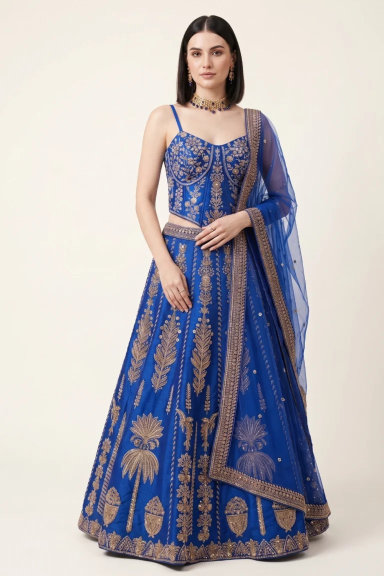 Royal Blue Silk Embroidered Lehenga Set