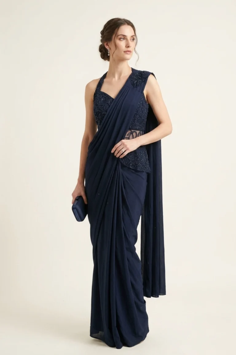 Navy Blue Lycra Embellished Pre-Draped Saree