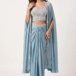 Blue Embellished Satin Cape Set