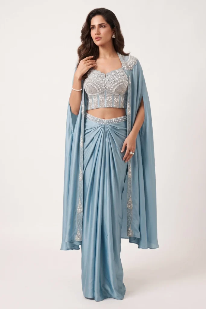 Blue Embellished Satin Cape Set