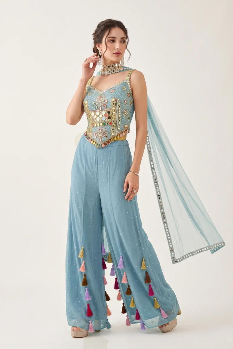 Aqua Blue Georgette Embroidered Palazzo Set