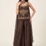 Brown Satin Embroidered Palazzo Set