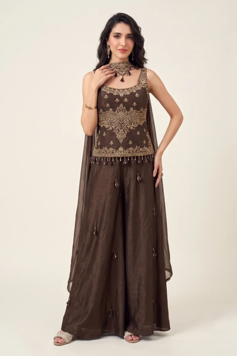 Brown Satin Embroidered Palazzo Set