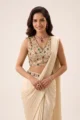 Cream Satin Embellished Pre-Draped Saree Set
