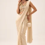 Cream Satin Embellished Pre-Draped Saree Set