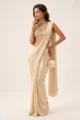 Cream Satin Embellished Pre-Draped Saree Set