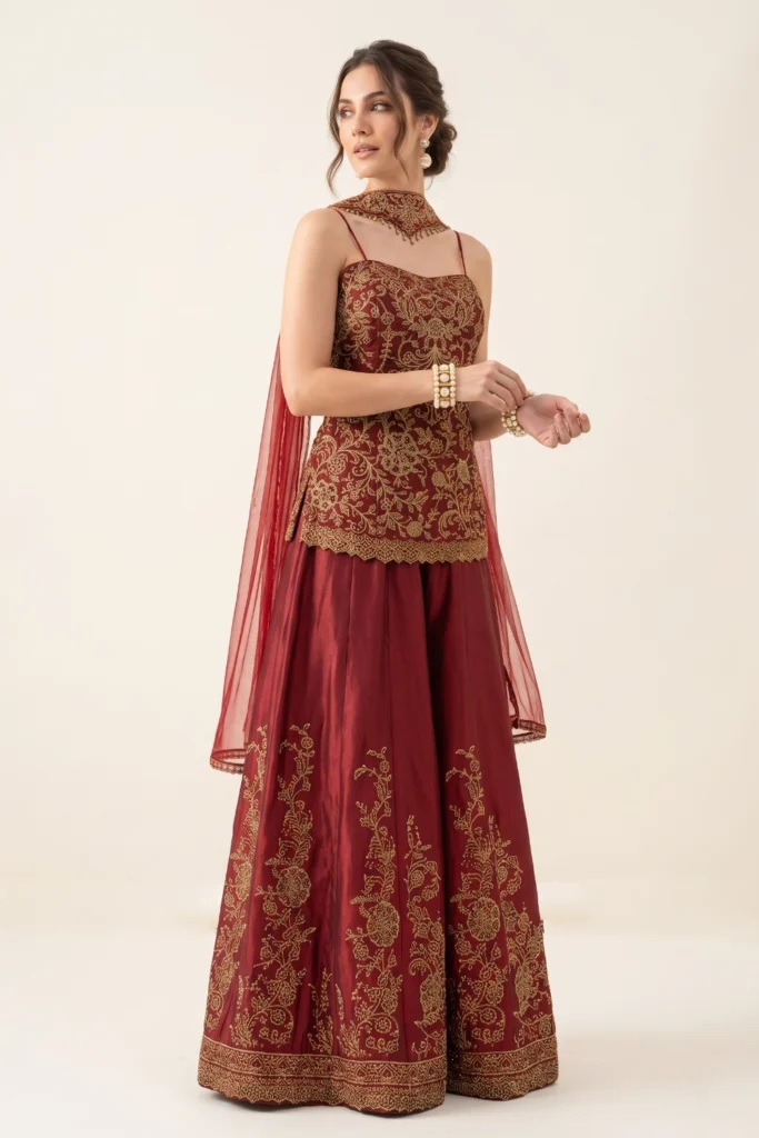 Deep Maroon Silk Embroidered Sharara Set