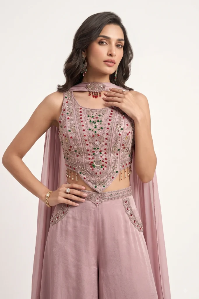 Dusty Rose Shimmer Crepe Palazzo Set