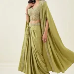 Green Satin Embellished Cape Set 
