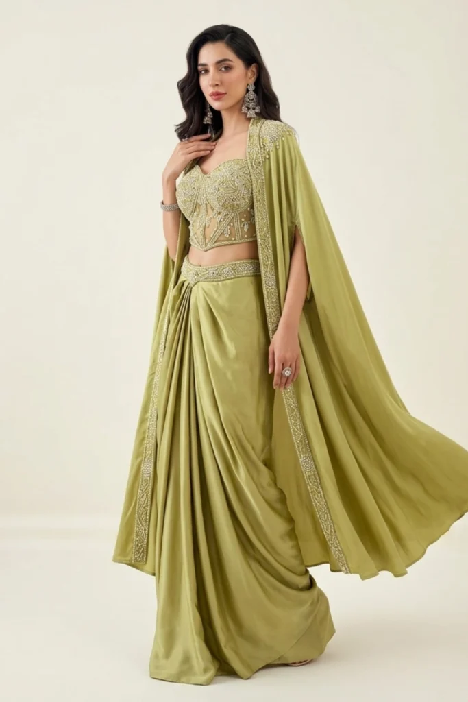 Green Satin Embellished Cape Set 