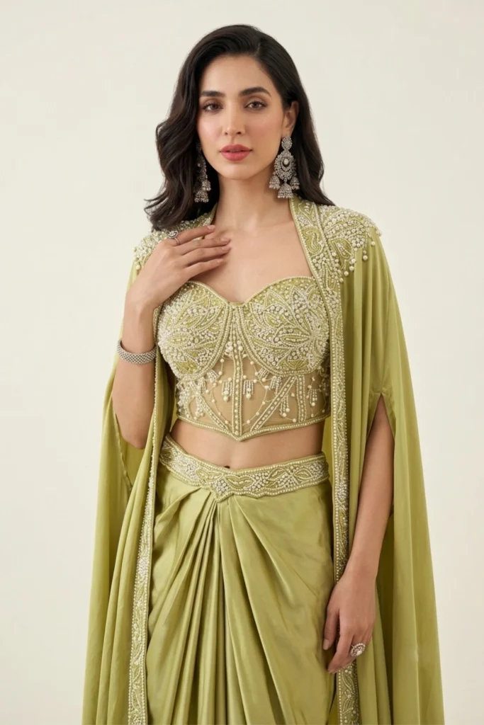 Green Satin Embellished Cape Set