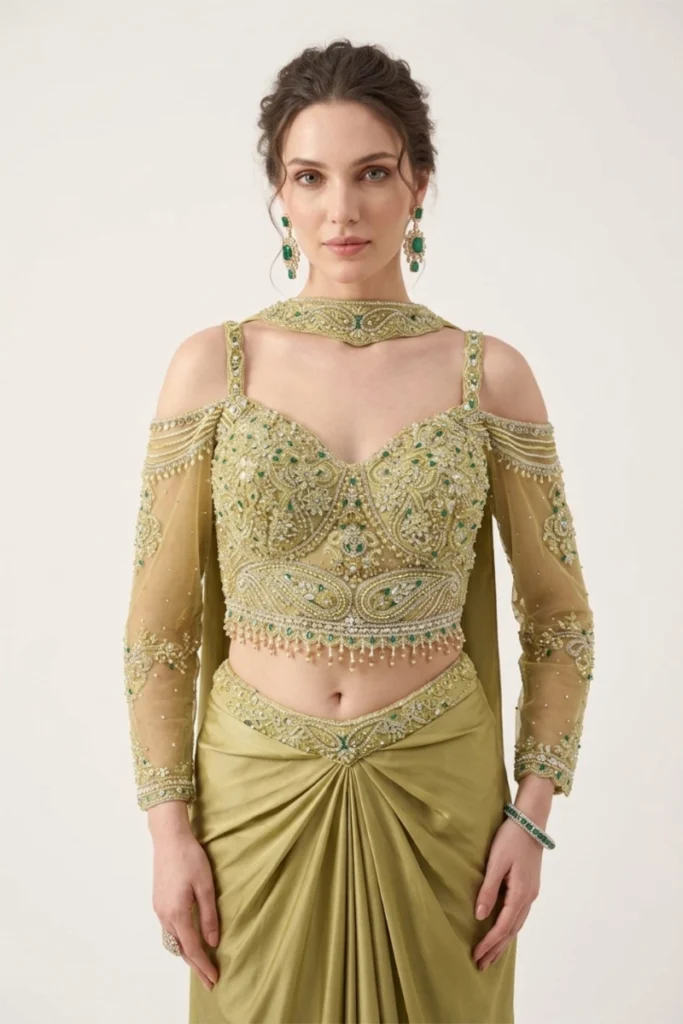 Green Satin Embellished Draped Skirt Set