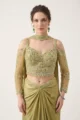 Green Satin Embellished Draped Skirt Set