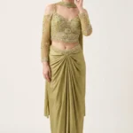 Green Satin Embellished Draped Skirt Set