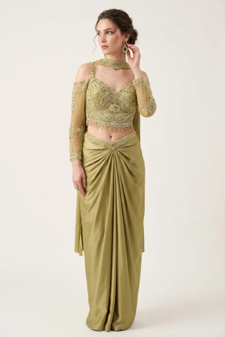 Green Satin Embellished Draped Skirt Set