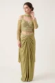 Green Satin Embellished Draped Skirt Set