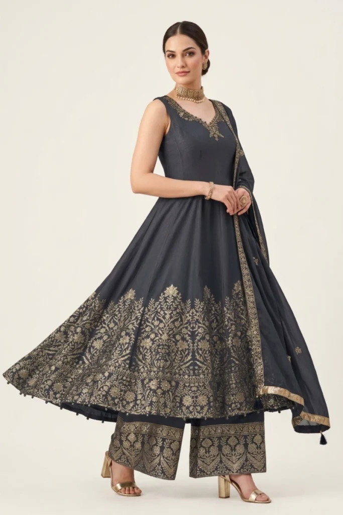 Grey Jacquard Embroidered Anarkali Set