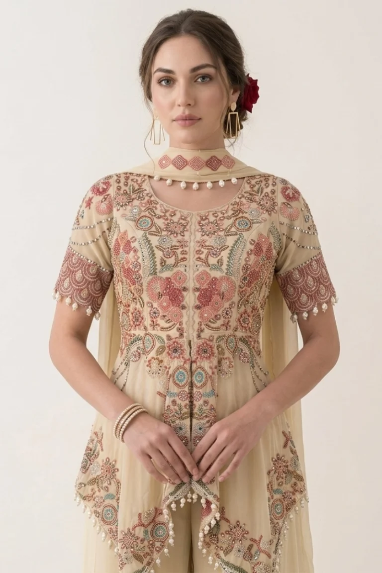 Cream Georgette Embroidered Peplum Palazzo Set